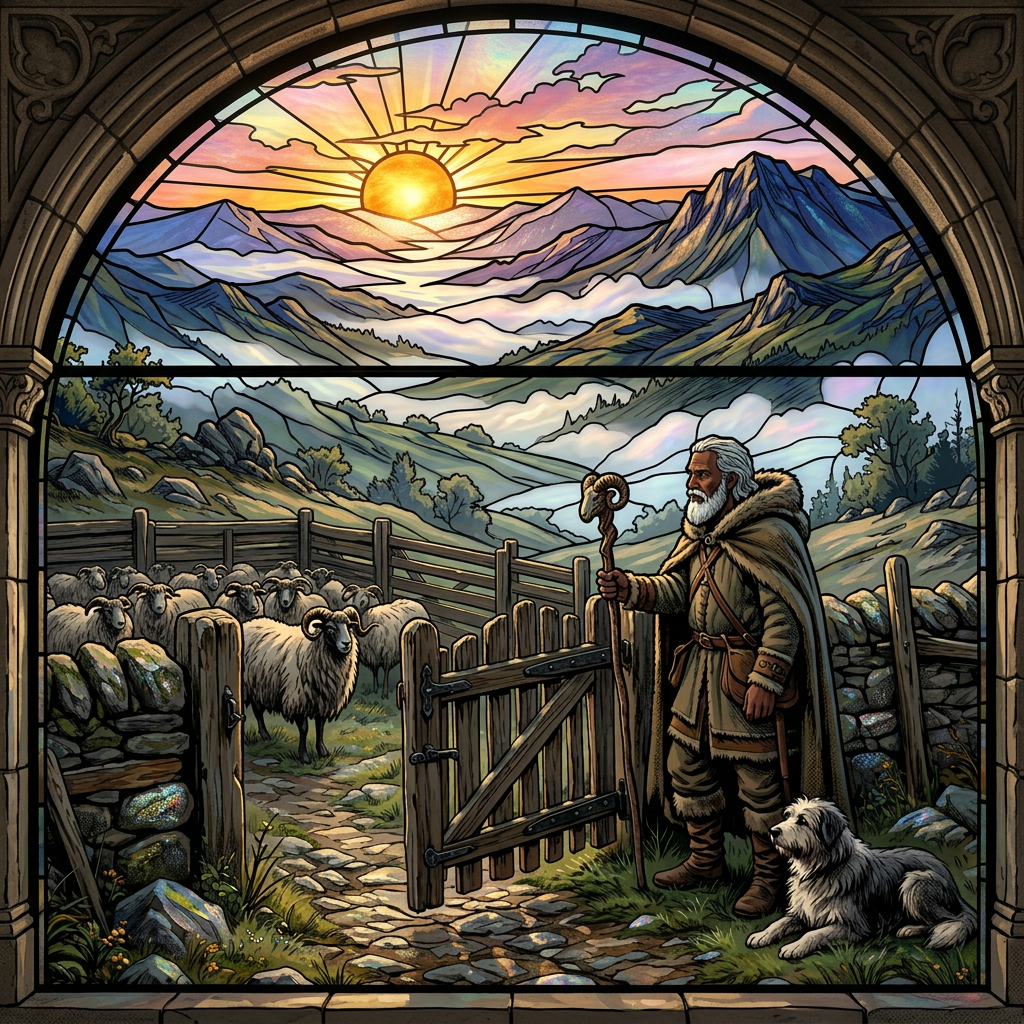 Shepherd with staff opening gate to sheep in foggy mountain landscape with dog