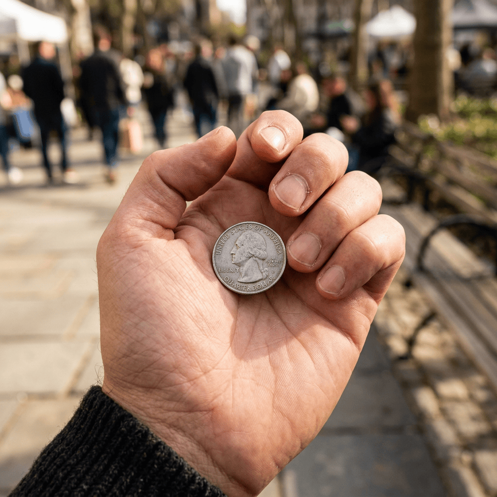 Hand holding a U.S. quarter on a busy outdoor walkway